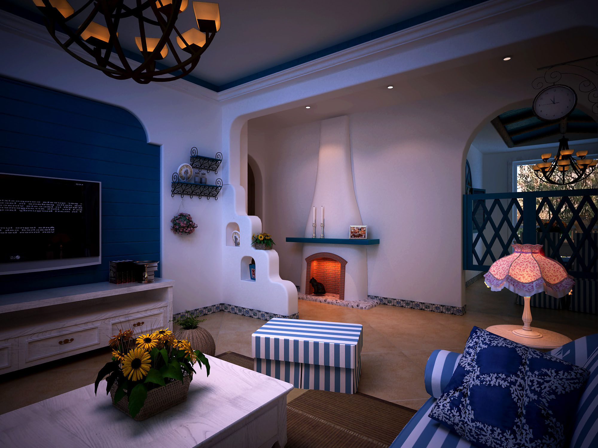 地中海客厅隐形门电视背景墙装修效果图 5款蓝与白搭配空间隐形门影视墙设计图片欣赏 - 装修公司