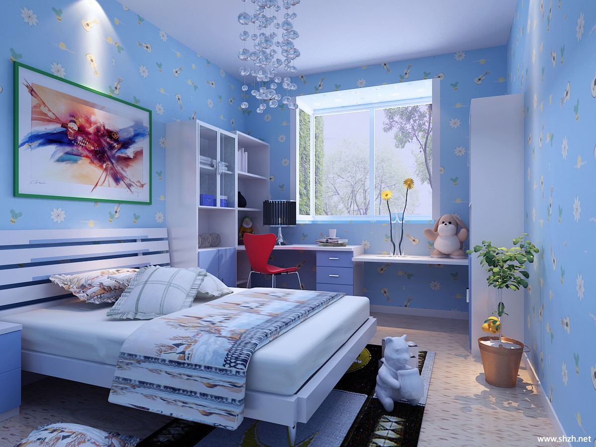 蓝色儿童房墙壁设计装修效果图片_别墅设计图