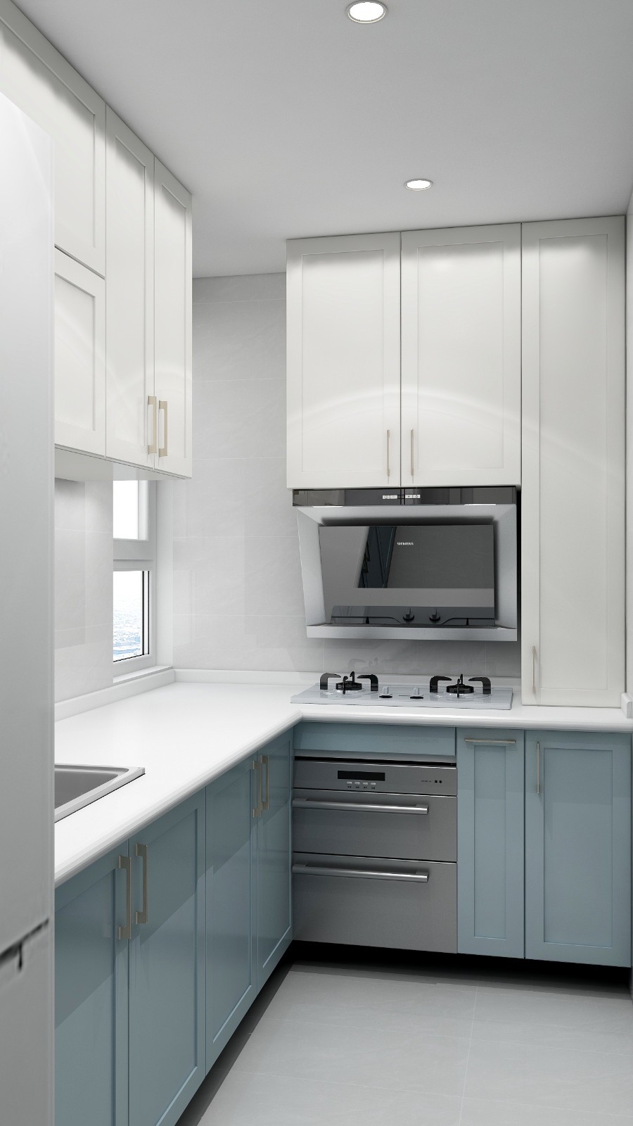 厨房使用暖白和浅蓝做搭配,上浅下深提升视觉效果和空间感觉
