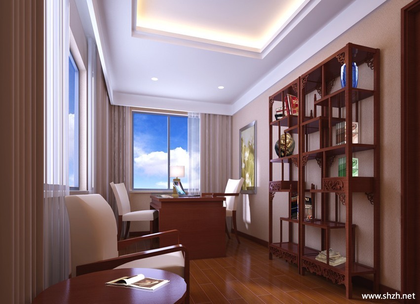 中式中性色书房效果图