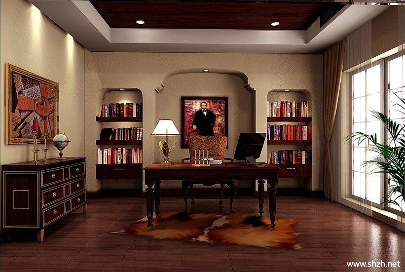 古典中性色书房效果图