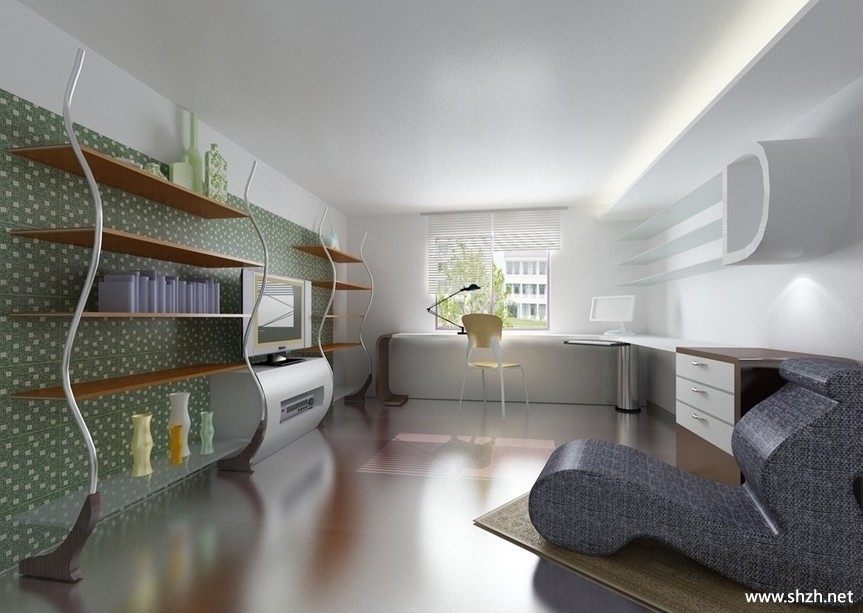 现代冷色书房效果图