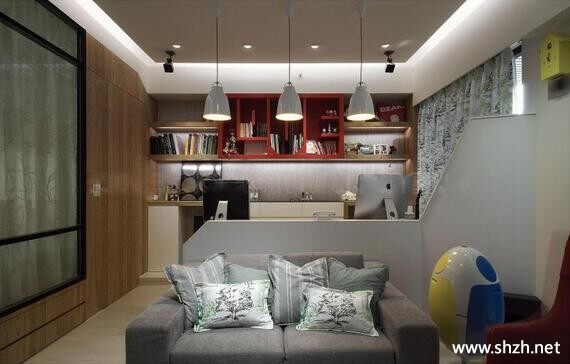 现代客厅书房沙发书架/书柜灯具小户型实景图