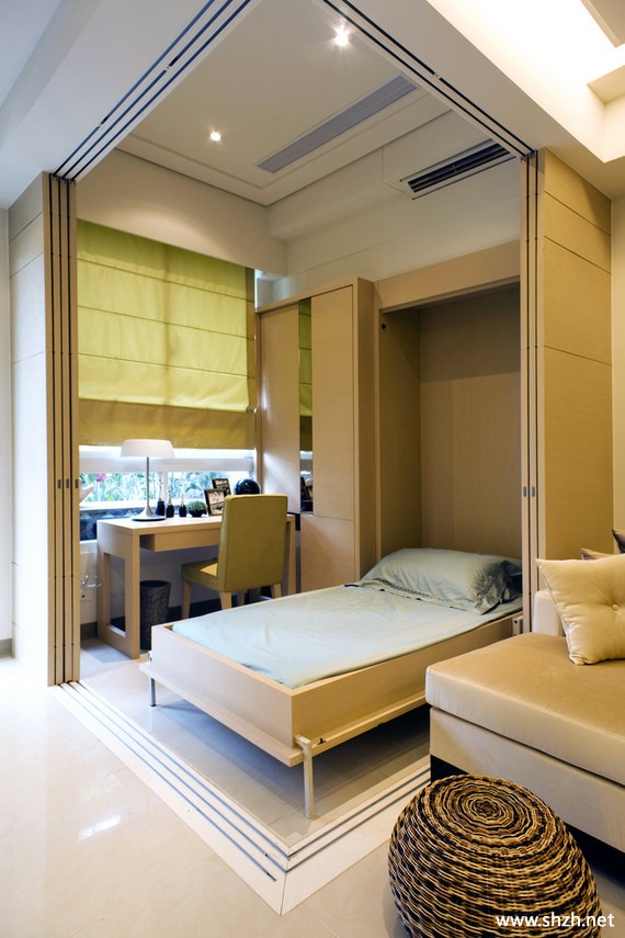 现代书房客厅写字台床中户型实景图