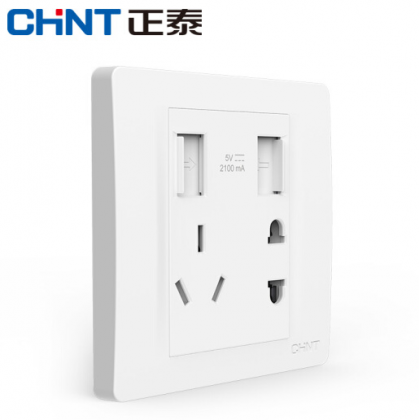 正泰（CHNT） 正泰电工NEW7N白色2.1A双USB五孔手机数码智能充电插座