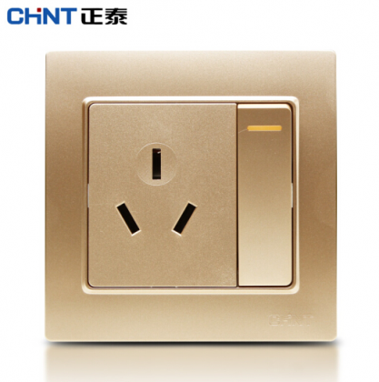 正泰（CHNT） 正泰 钢架墙壁开关插座 NEW7L香槟金色 墙面插座 五孔插座 一开单控三孔16A
