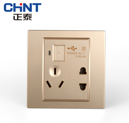 正泰（CHNT） 正泰 钢架墙壁开关插座 NEW7L香槟金色 墙面插座 五孔插座 五孔带USB插座