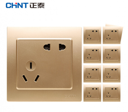 正泰（CHNT） 正泰开关插座面板 7L香槟金色 斜五孔插座10只