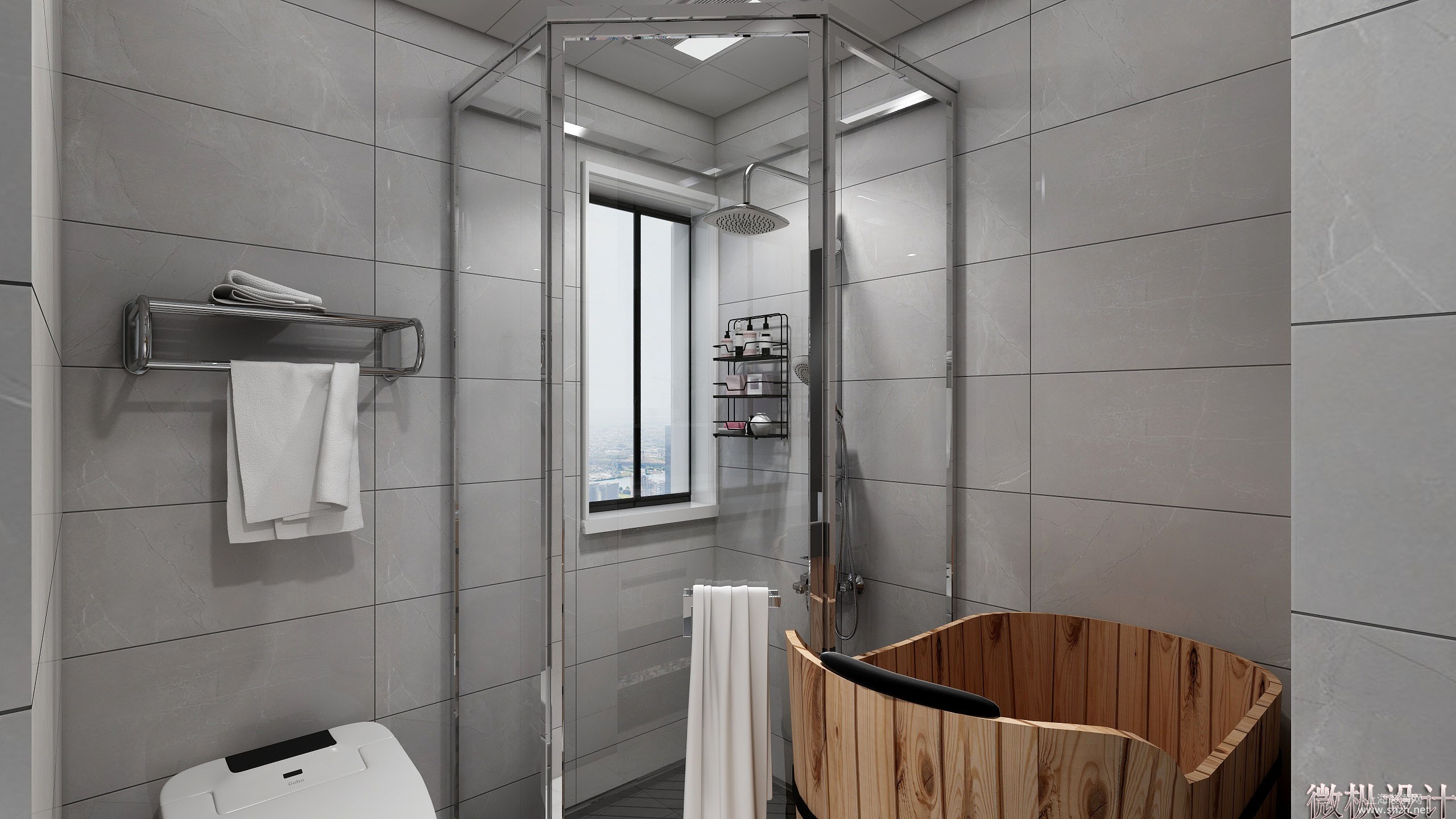 卫生间简约的色调 不会太繁琐  墙面的暗花纹墙砖 低调华丽.